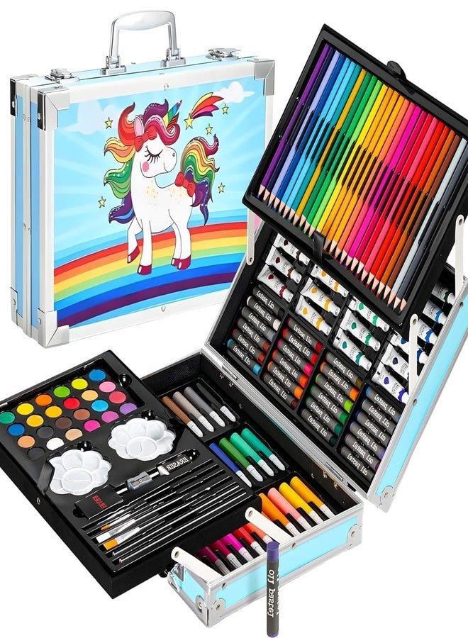 Corslet 145-Piece Art Set for Kids with Unicorn Storage Case | Drawing & Painting Kit with Oil Pastels, Watercolors, Sketch Pens, Color Pencils | Art & Craft Supplies for Girls & Boys (BLUE) - Image 1